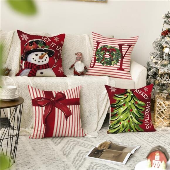 Merry Christmas Let It Snow Joy Stripes Gift Box Red Throw Pillow Covers,18x18in - Picture 2 of 7